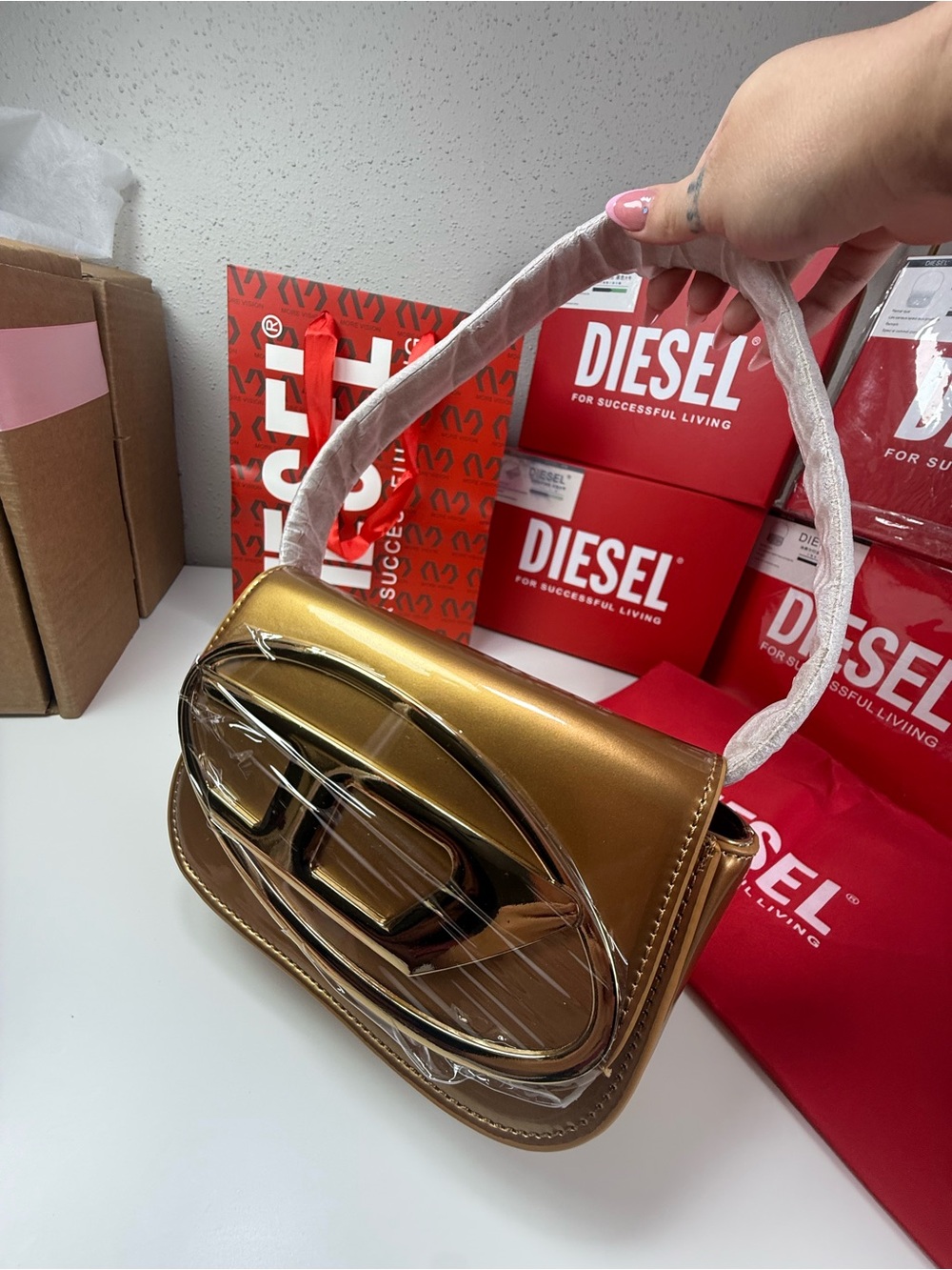 Diesel Metallic Gold Sculpted Logo Shoulder Bag